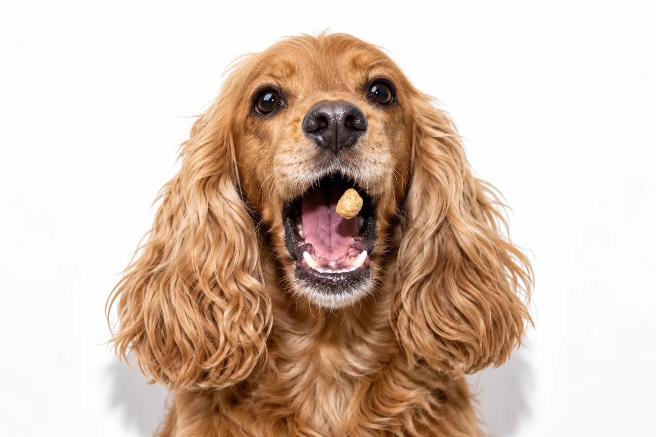 Billie, een Cocker Spaniël, probeert een snack te vangen
