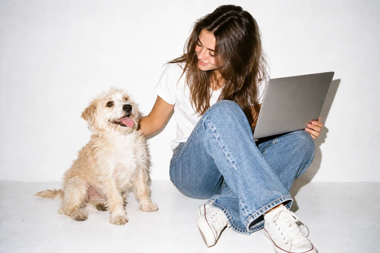 Een baasje bekijkt samen met haar hond het plan